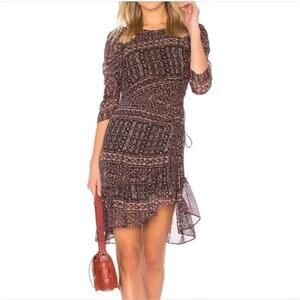 Ulla Johnson Dress Womens 10 Brown Pink Boho Silk Long Sleeve Ruched Midi Tassel